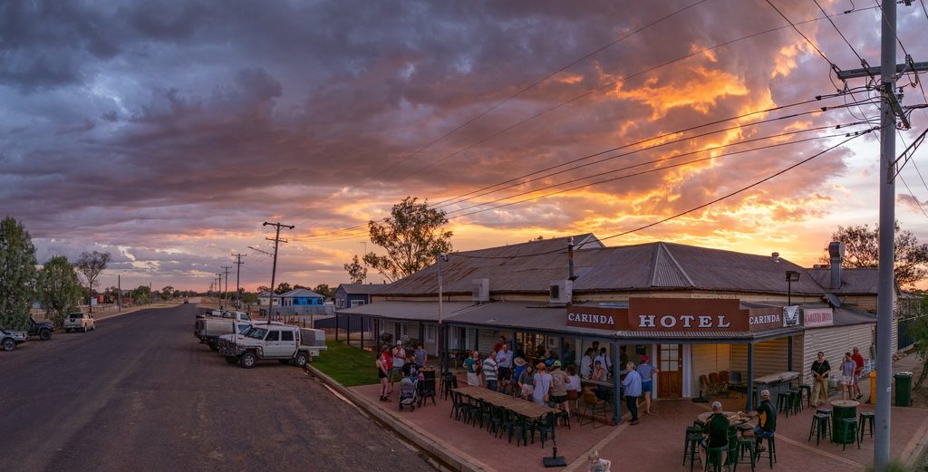 Carinda streetscape and hotel beneath a colourful evening sky