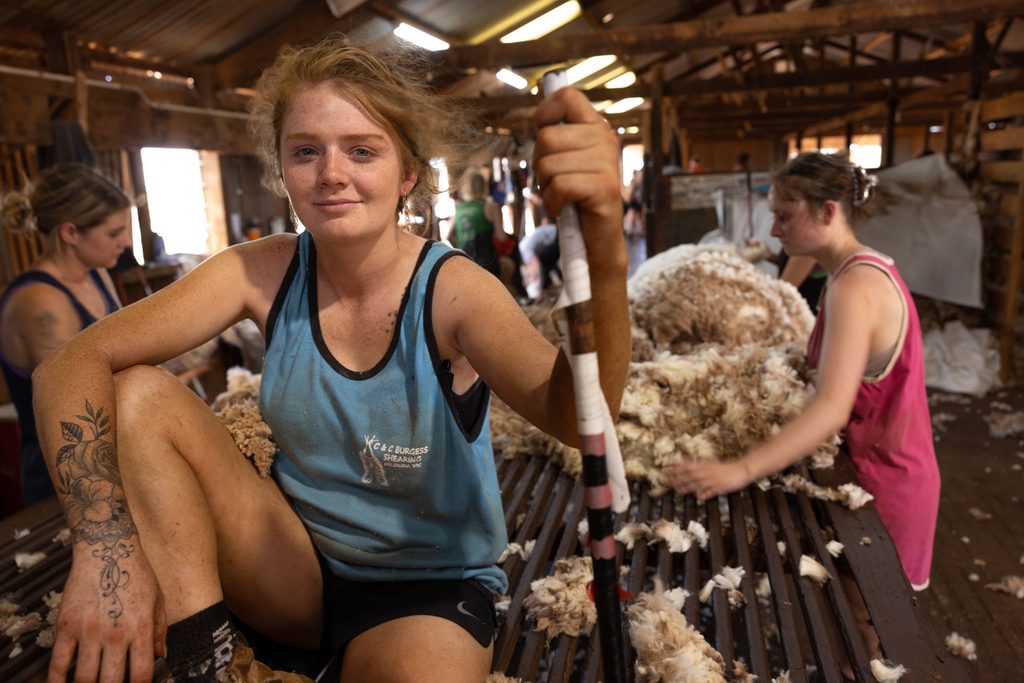 Woman at work in a shearing shed