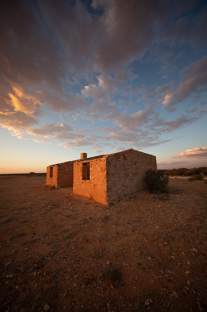 Ruins of a brick building at Carcoory at sunset